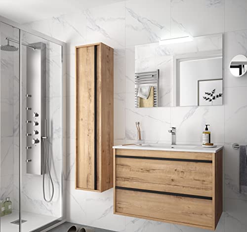 Mobile bagno sospeso 80 cm Nevada in legno Rovere ostippo con lavabo in porcellana