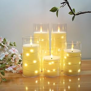 Flameless Candles,with Embedded Star String, Battery Operated Candles Flickering LED Pillar Candles with Remote Control and Timer, Home Decoration ,Set of 5 (D 3"×H 4" 5" 6" 8" 8") (Ivory) Flameless Candleswith Embedded Star String Battery Operated Candles Flickering LED Pillar Candles with Remote Control and Timer Home Decoration Set of 5 D 3H 4 5 6 8 8 Ivory