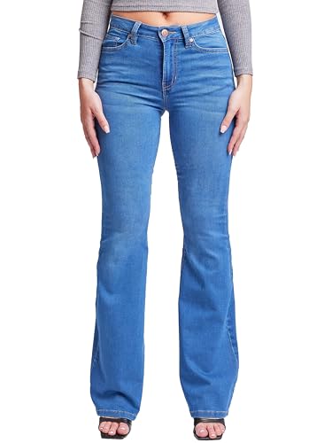 YMI Womens Hyper Denim Basic 5 PKT 1 BTN HR Flare Long Inseam, M08