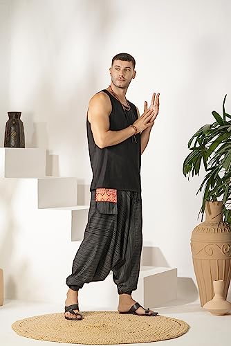 Image of The Veshti Company Cotton Baggy Pants Drop Crotch Harems for Men's Loose Boho Oversized Striped Meditation Yoga Pant with Pocket