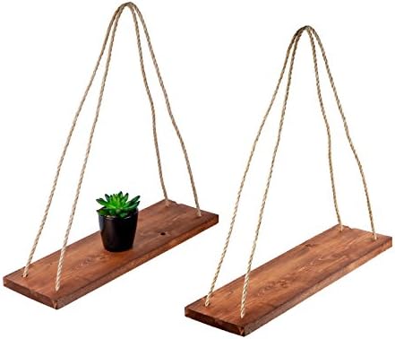 Rustic Farmhouse Wood Hanging 17" Distressed Wall Shelf (Set of 2) - Floating Shelves With Rope and Mounting Hardware – MADE IN USA - Modern Country Decor For Plant Display, Office, Organization