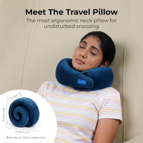 Image of Travel Neck Pillow, 100% Hi-Per Memory Foam Airplane Neck Pillows for Comfortable Sleeping,Travel Pillow for Flights with Adjustable Velcro Strap, Lightweight, Free Carry Bag (Sapphire Blue)