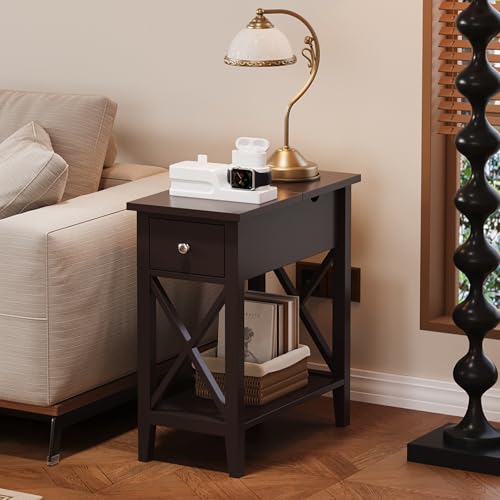 ChooChoo End Table Set of 2, Flip Top Narrow End Table with Drawer, Accent Small Side Table Nightstand for Living Room, Bedroom, and Small Spaces, Espresso - Thumbnail 2