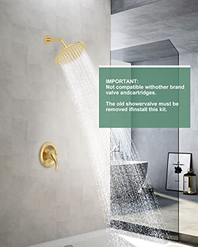 Brushed Gold Rain Shower Faucet Complete Set With Wall Mounted 10Inch Shower Head And Rain Shower System With 8 Inch Shower Head #TOP5