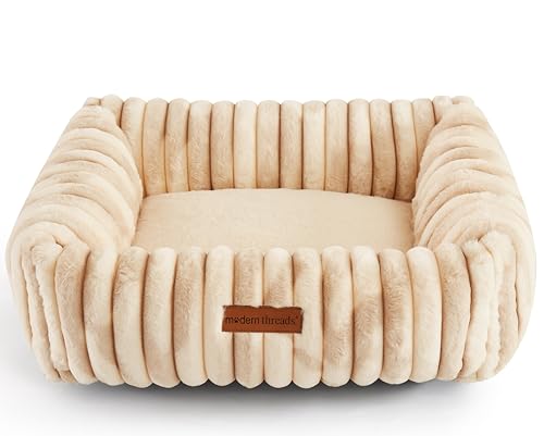 Image of Modern Threads Ribbed Plush Two-Tone Cuddler Dog Bed, Ultra-Soft Faux Rabbit Fur, Supportive Bolstered Sides, Removable Washable Cover, Bed for Small to Medium Dogs, Cream, (24 inch L x 20 inch W x 8 inch Th)