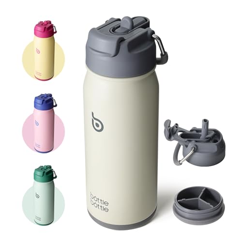 BOTTLE BOTTLE Trinkflasche Edelstahl 16oz(473ml) mit Strohhalm und Pillenfach -BPA frei- Wasserflasche mit Strohhalm für Uni Schule Sport Kindergarten (Grau)