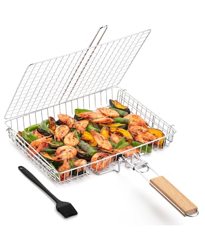 UNCO- BBQ Grill Basket, Folding Portable Stainless Steel BBQ Grill Basket with with Removable Wooden Handle & Basting Brush for Vegetables, Shrimp, Fish, Locking Grilling Basket for Outdoor, Camping