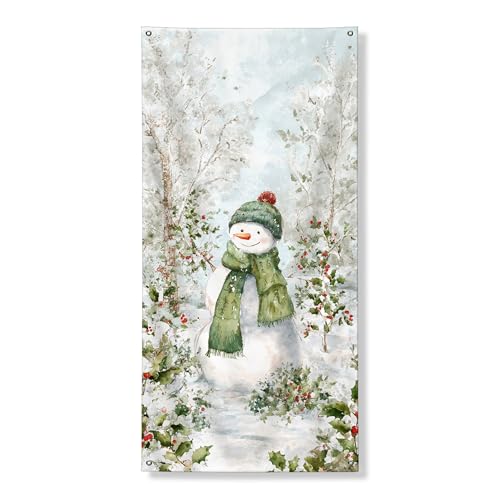 Decorazione invernale per porta con pupazzo di neve, affascinante figura fredda con sciarpa verde, decorazione stagionale per interni ed esterni, 91 x 182 cm