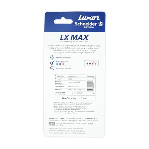 Luxor Schneider LX MAX roller ball pen, Pack of 3 - Blue+Black+Green, Needle Tip, 0.5mm, 100% German Technology, 1000+ mtrs writing length, Waterproof Ink, Ideal for Students & Professionals