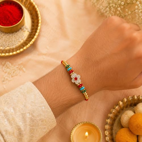 Image of WDK Decorative Rakhi with Multicolour Beads | Crystal Charm, Red Thread, Roli Chawal | Complete Raksha Bandhan Gift for brother (pack -1)