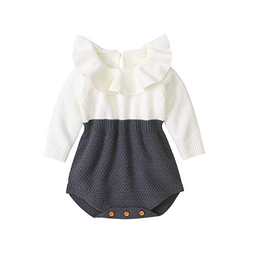 Image of bebeshopdelageyhu Newborn Baby Girl Sweater Romper Ruffle Sleeve Cotton Knitted Bodysuit Fall Winter Outfit Clothes (Sweater Romper Bodysuit, 0-6 Months)