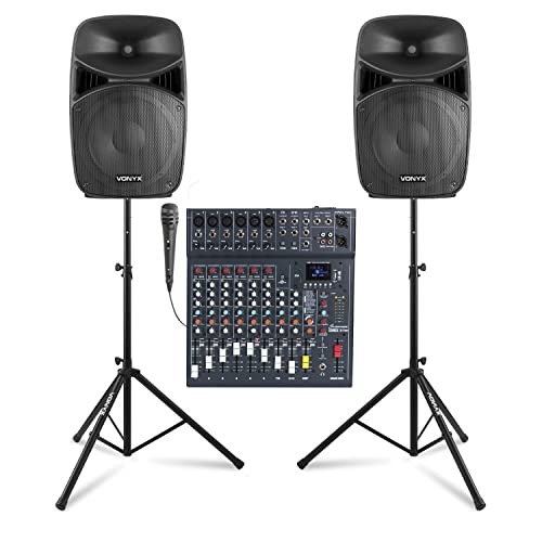 Vonyx VPS122A 800W PA System Package with 12-Inch Active Speakers, CLUB XS10 Mixer, Microphone & Stands - Small Band PA System Ideal for Singers, Live Events & Performances