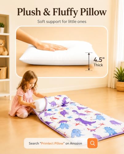 Image of Primlect Toddler Nap Mat with Pillow, Thickened Extra Large Sleeping Bag | 55''x35'' Sleeping Mat with Blanket, Washable, Roll up, Perfect for Daycare, Preschool, Kindergarten, Girls, Dinosaur