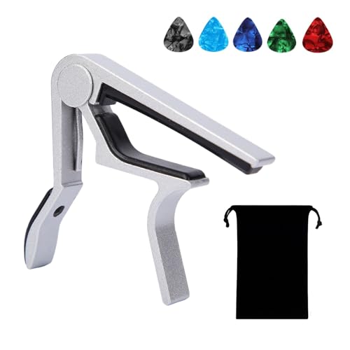 Cejilla para guitarra de 6 cuerdas, guitarra sajona acústica, guitarra eléctrica y ukelele, Cejilla para guitarra clásica, Capo para guitarra, guitarras de concierto, plateado con 5 púa