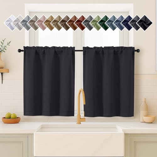 Image of Black Blackout Curtains for Small Window Treatment, Light Blocking Short Kitchen Window Curtains Over Sink, Dual Rod Pocket Half Window Tiers for Bathroom Basement, Each 40 inch Wx36 L, 2 PCS