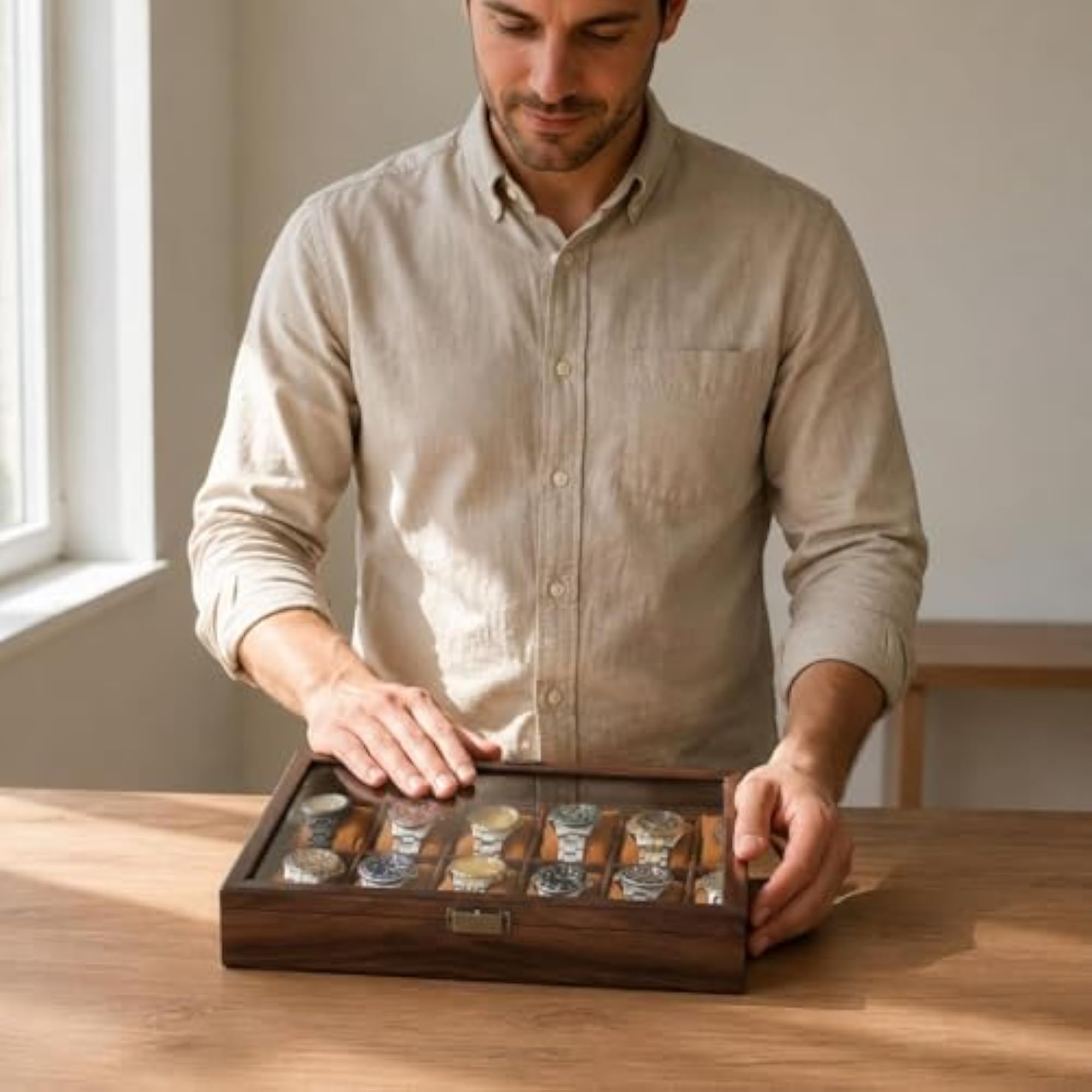 Wood-Grain Wooden Watch Box with Metal Latch, Display Case