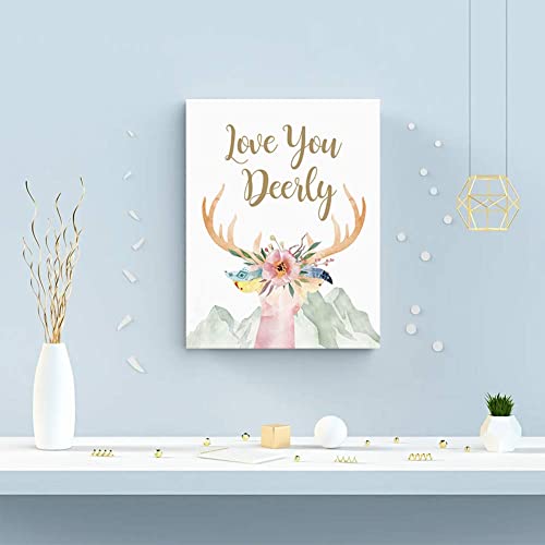 Kairne Feather Floral Deer Boho Art Print,Girls Pink Bohemian Pictures, Tribal With Arrows Poster Flowers Nursery Wall Art Set Of 3(12X16Inch,Framed) Positive Canvas Wall Decor For Girl’s Bedroom #TOP4
