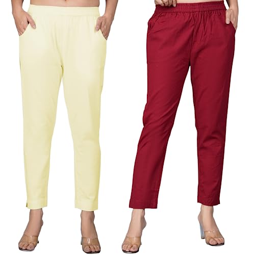 Image of Regular Fit Fully Elastic Waist Ankle Length Premium Cotton Casual Trouser Pant (Combo Pack of 2)