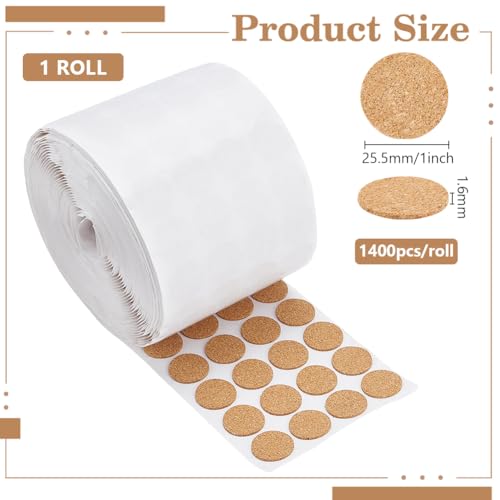BENECREAT 1400 Stück 25.5x1.6mm Selbstklebende Korkkreise, Flache Runde Selbstklebende Korkmatte Mit Runden Punkten Für Schränke, Tischartikel, Möbel