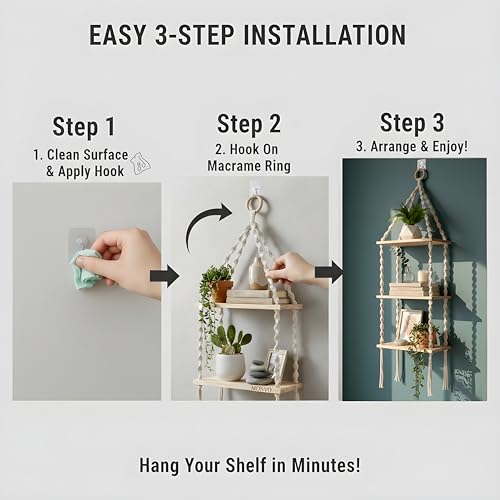 Image of 3-Tier Macrame Wall Hanging Shelf (Includes Mounting Hook) Boho Wooden Floating Shelves for Wall Decor - Handmade Cotton Rope Plant Hanger & Organizer for Living Room, Bedroom, Balcony