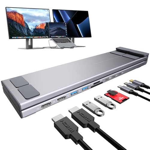 Mukiya USB C Laptop Docking Station Stand, Dual Monitor 4K@60Hz, 9 in 1 USB C Hub with 2 HDMI, 2 USB 3.0, PD 100W, Universal Dock Station for MacBook Pro/Air/Dell/HP/Surface/Lenovo