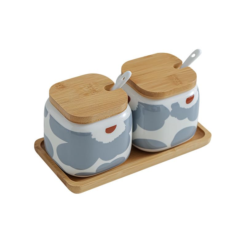 MAGICVOGEL 2er Set Gewürzdosen mit Deckel und Löffel Blumenmuster Gewürzbehälter Porzellan Zuckerdose mit Holztablett 360ml Salzdose Aufbewahrungsdose (Blau-Blumen)