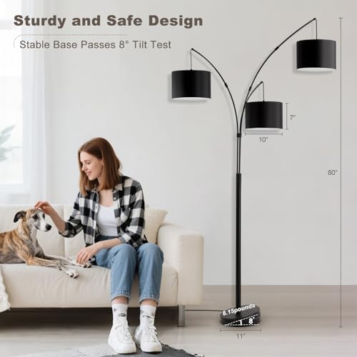 Image of Floor lamp with Remote, 3 Light Arc Floor Lamps for Living Room, 2400LM Tall Standing Floor Lamps with Black Shades, 80 inch Large Floor Lamp for Bedroom, Office