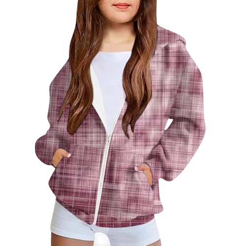 DDAPJ pyju Full Zip Hoodie for Girls Fashion Plaid Long Sleeve Oversized Sweatshirts Cute Jackets with Pockets 4-12 Years