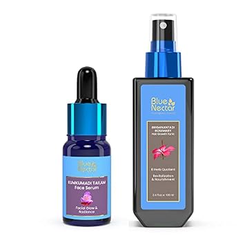 Blue Nectars Kumkumadi Face Oil, crafted with natural herbs for radiant skin 0.33 fl oz, paired with Ayurveda Rosemary Oil for Hair Growth with Bhringraj & Amla 3.38 fl oz.