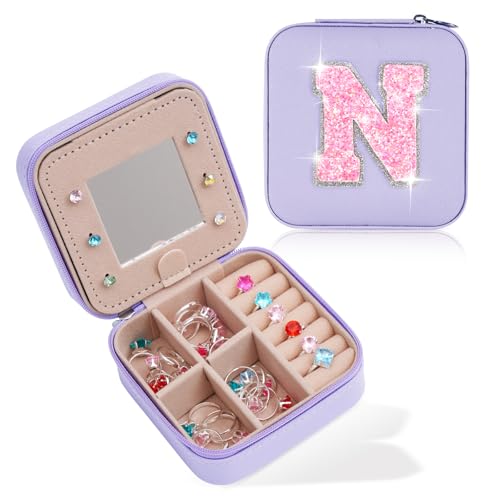 Uygafly Personalized Jewelry Case for Women Girls - Fashion Mini Jewelry Boxes - Trendy Travel Jewelry Organizer with Initials Letter - Teen Gifts | Lavender,N