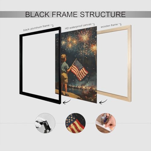 Image of American Flag Canvas Wall Art, 4th of July Patriotic Poster Print, Boy Holding USA Flag and Dark Night Fireworks Picture, Independence Day Wall Decor for Bedroom Living Room 24x36in Wrapped Canvas