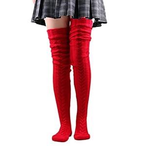 Women’s Hand-knitted Winter Stockings, Thigh High Socks Over the Knee Cable Knit Boot Socks, Long Warm Fashion Leg Warmers Winter (105cm,Red)