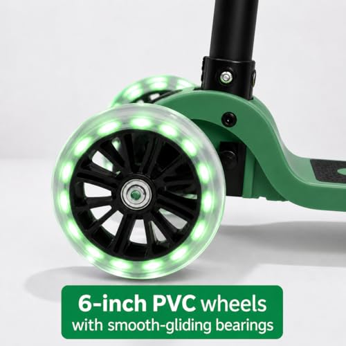 Image of Maanit LED Scooter for Kids (3-12 Years) | Foldable Kick Scooter with LED Light-Up Wheels | Adjustable Height Handlebar | 3-Wheel Stable for Boys & Girls | Outdoor Fun Ride-On (Green)