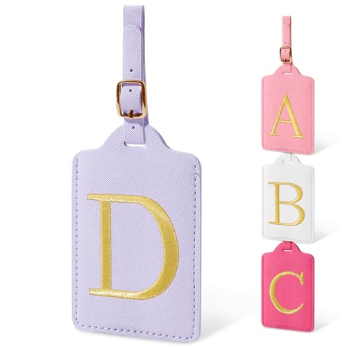 Image of Initial Letter Luggage Tags for Suitcases, Embroidered Monogrammed Suitcase Luggage Identifier Name Tag, PU Leather TSA Approved Luggage Tags, Bag Tags for Men Women Kids Luggage Handbags(Purple D)