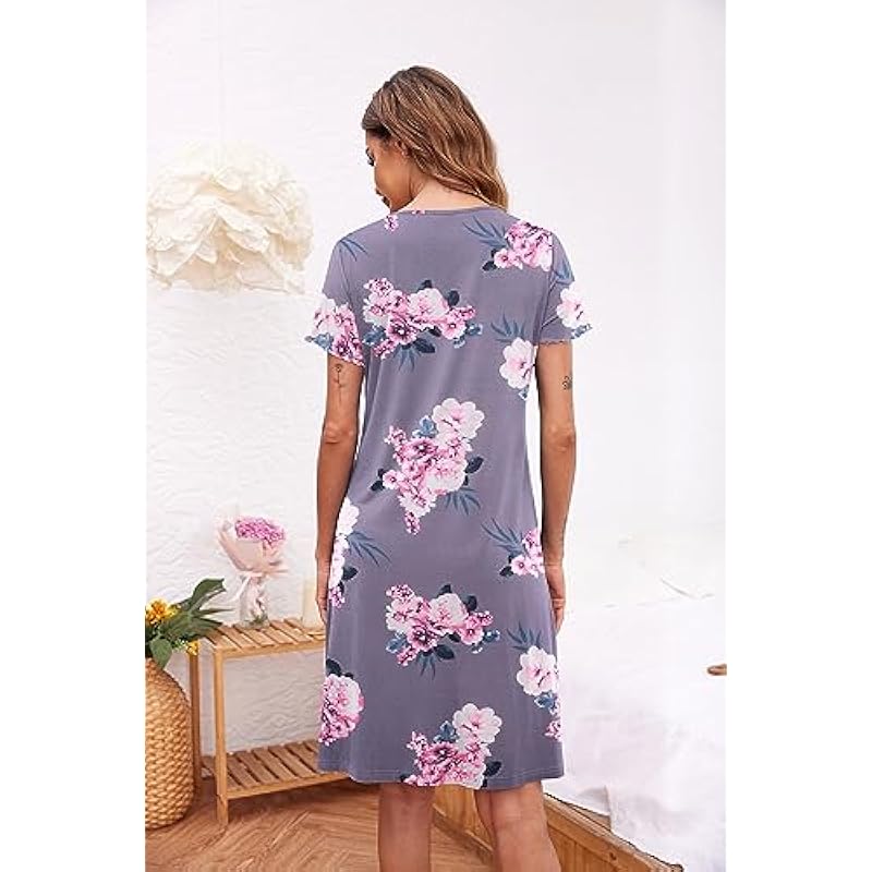 Ekouaer Womens Nightshirt Short Sleeve Button Down Nightgown V-Neck Sleepwear Pajama Dress 상세이미지 5