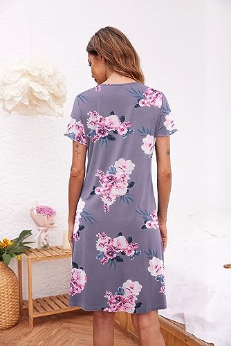 Image of Ekouaer Women's Nightshirt Short Sleeve Button Down Nightgown V-Neck Sleepwear Pajama Dress
