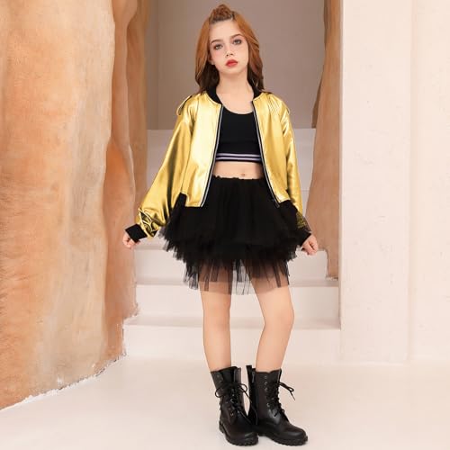 Perfashion Metallic Bomber Jacket for Girls Zip Up Cropped Jacket Sparkly Lightweight Coat Windbreaker with Pockets2