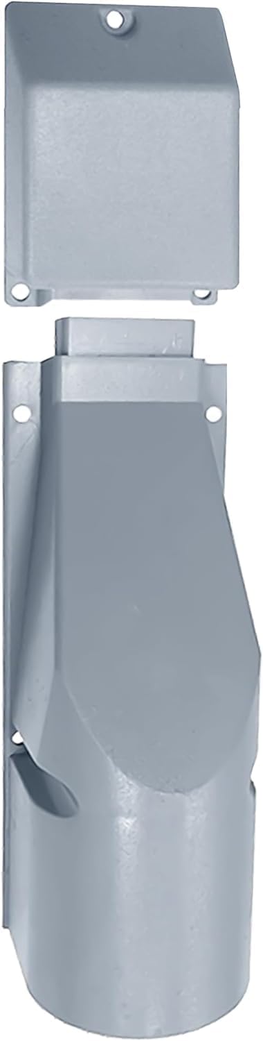 Grey BT Openreach 101A + Connector Bend No. 4 outdoor cable cover capping protects the wall entry point & gives the underground telephone broadband drop wire main feed protection from damage