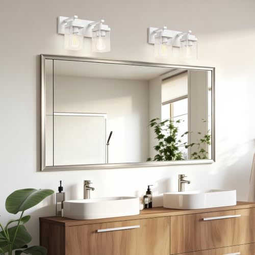 Image of White Bathroom Light Fixtures, 2 Lights Bathroom Lighting Fixtures Over Mirror, Square Design & Rectangle Large Backplate, Modern Vanity Lighting Fixtures, for Bathroom /Living Room /Bedroom