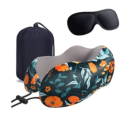 Nackenkissen Memory Foam Reisekissen mit Augenmaske, Aufbewahrungstasche,Waschbarer Bezug Flugzeug Nackenstütze Kissen Blumenmuster Erwachsene Nackenauflage Memory-Schaum (Dunkelgrün) Cover