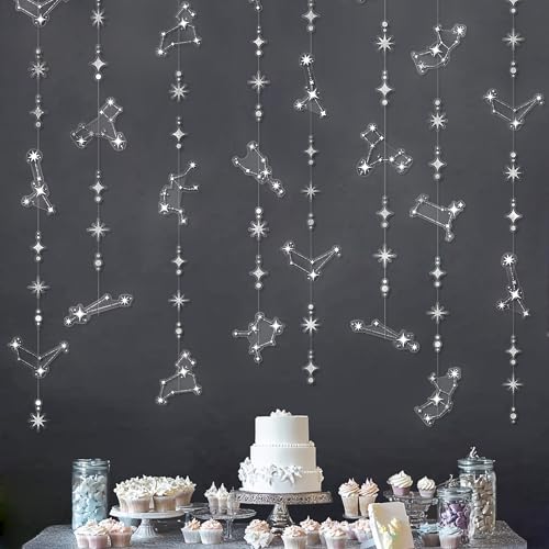 Image of Cheerland Glitter Celestial Party Decorations Constellation Birthday Decoration Star Garlands Withy Backdrop Astrology Decor Zodiac Theme Banner Hanging Stars Streamer Galaxy Party Suppplies (Silver)