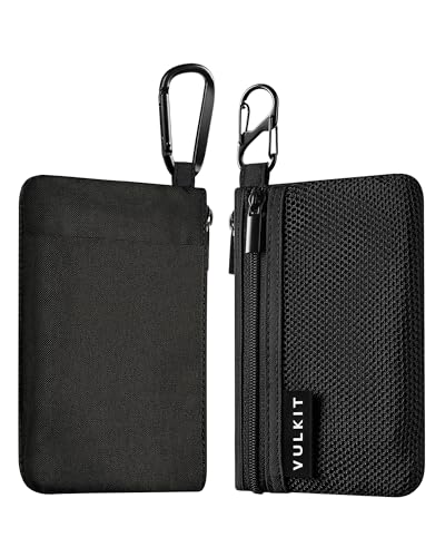 VULKIT Bolsa con cremallera, 1 paquete con mosquetón y gancho en S, bloqueo RFID, tela Oxford resistente al agua, pequeña cartera con cremallera para dinero en efectivo y tarjetas para viajes, Negro