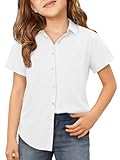ZDC Girls Button Down Shirts Kids Summer Short Sleeve Dress Shirts School Uniform Blouse 5-14 Years White