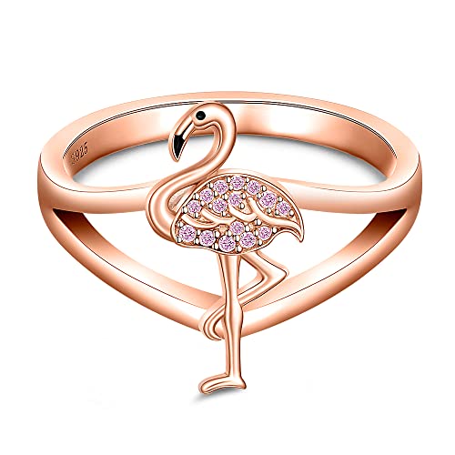 Flamingo Ring for Women Sterling Silver 925 Cute Animal Rose Gold Pink Bird Flamingo Wedding Engagement Finger Rings Summer Jewelry Christmas Gifts