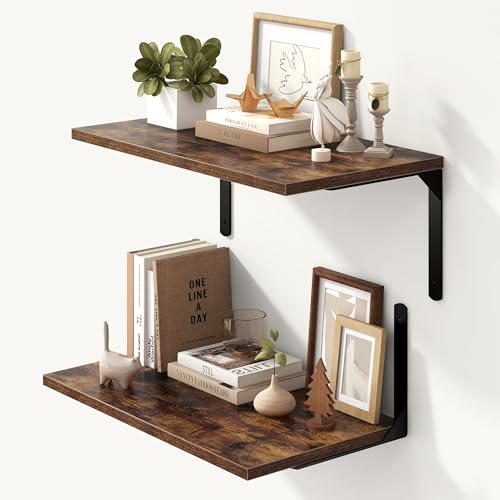 Floating Shelves for Wall, 12 Inch Deep Floating Shelves Set of 2, Wall Mounted Shelf with Metal Brackets, Rustic Wood Shelf for Bathroom, Kitchen and Living Room, Rustic Brown, 24W x 12D