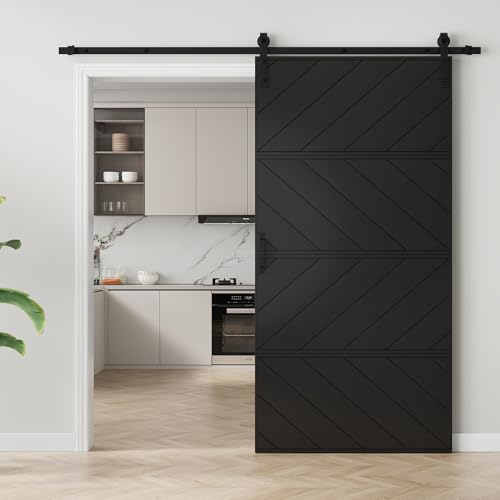 Image of 42 inchx84 inch Black Barn Door with 7FT Sliding Door Kit & Handle & Floor Guide | Pre-Drill Holes Easy Assembly & Install Required, Solid Core Wood Sliding Barn Door for Water-Resistant & Sound Reduction