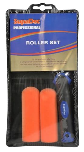 SupaDec 1x Soft Grip Handle Roller Frame 2X High Density German Foam 4 Mini Rollers 1x 4/100mm Paint Tray for Use with Glass & Satin Paints 4pcs Set