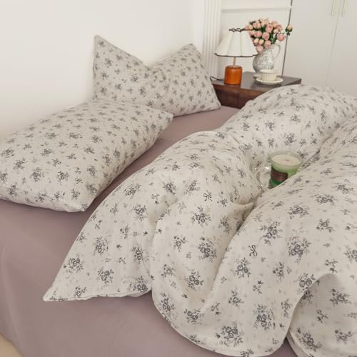 Image of VM VOUGEMARKET King Size Double Layer Gauze Duvet Cover Set, Off-White Duvet Cover with Gray Floral Prints Bedding Set for Cottagecore Decor