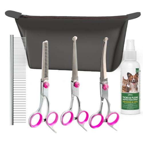 Image of V4 Dog Grooming Shears Set | 6 Piece Stainless Steel Pet Grooming Kit | Thinning Tooth Straight Up Curved Fish Mouth Scissors | 2 in 1 Steel Comb | Anti Tick Flea Spray 100ml | Carry Bag