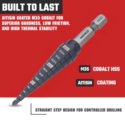 Image of NEIKO 10601B Step Drill Bit, 13 Steps 1 /8 inch to 1 /2 inch Straight M35 Cobalt, AlTiSiN Coated, 1 /4 inch Quick Change Step Bits for Steel, Metal, Wood, Plastic, Unibit Cone Drill Bits, Two Flute